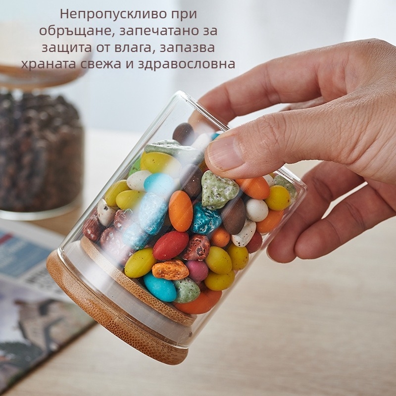 Боросиликатен стъклен буркан със затварящ се капак от бамбук, прозрачен съд за съхранение на чай, бонбити и кухненски продукти.