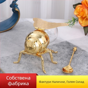 Златна голяма чашка за захар с мотив пчела и лъжичка, европейски стил кухненски съд за съхранение и подправки, луксозно домашно декоративно изделие