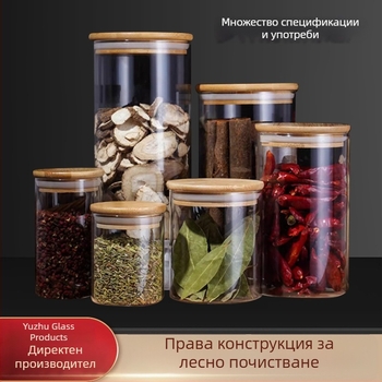 Прозрачен кръгъл стъклен буркан за съхранение с бамбукова тапа, подходящ за зърна, чай и сушени плодове, обем до 300 мл