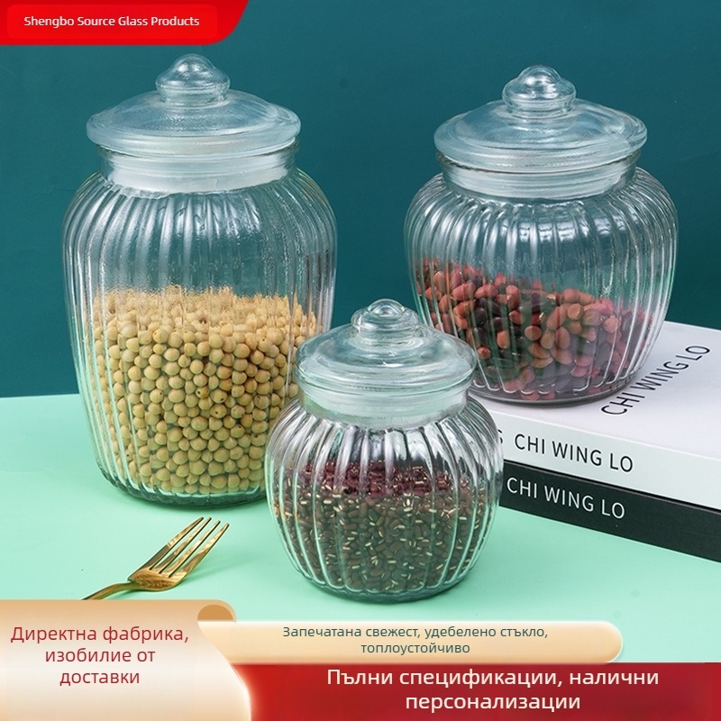 Стъклен буркан за съхранение със запечатващ капак, прозрачен и дебел корпус, за домашно ползване; подходящ за туршии, кимчи, храни, зърнени култури и чай