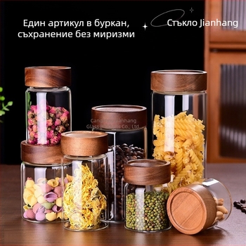 Буркан със запечатващ капак от акациево дърво за съхранение на чай с портокалова кора и мед, голям капацитет, стъклен буркан с винтов капак от боросиликат