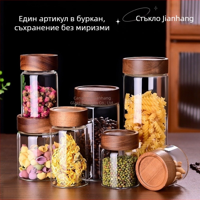 Буркан със запечатващ капак от акациево дърво за съхранение на чай с портокалова кора и мед, голям капацитет, стъклен буркан с винтов капак от боросиликат