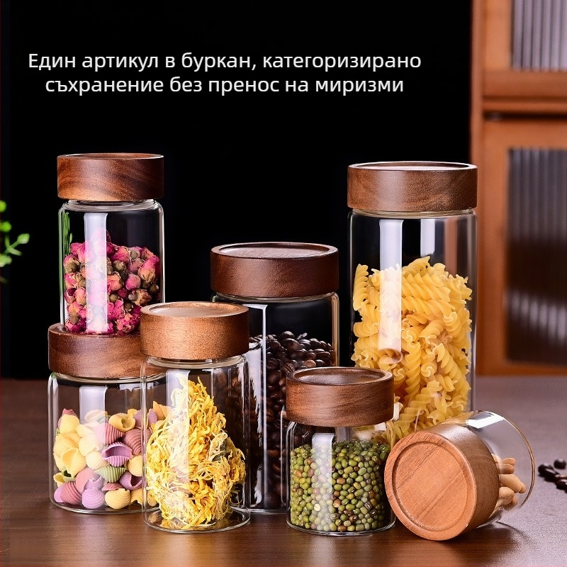 Буркан със запечатващ капак от акациево дърво за съхранение на чай с портокалова кора и мед, голям капацитет, стъклен буркан с винтов капак от боросиликат