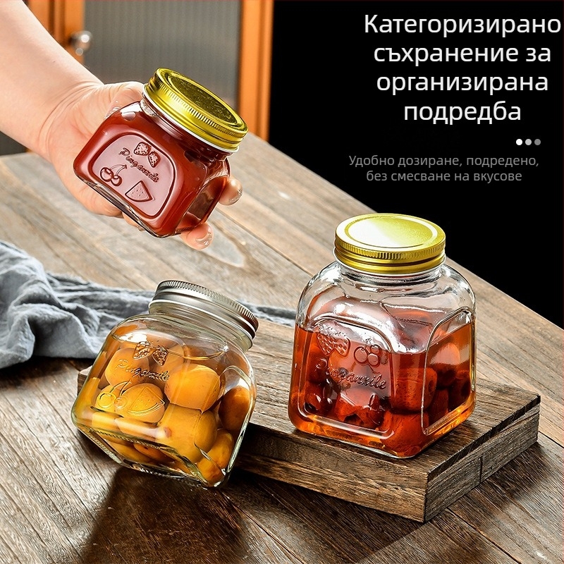 Квадратно запечатано стъклено бурканче за конфитюр, туршия и сосове, 301–500 мл