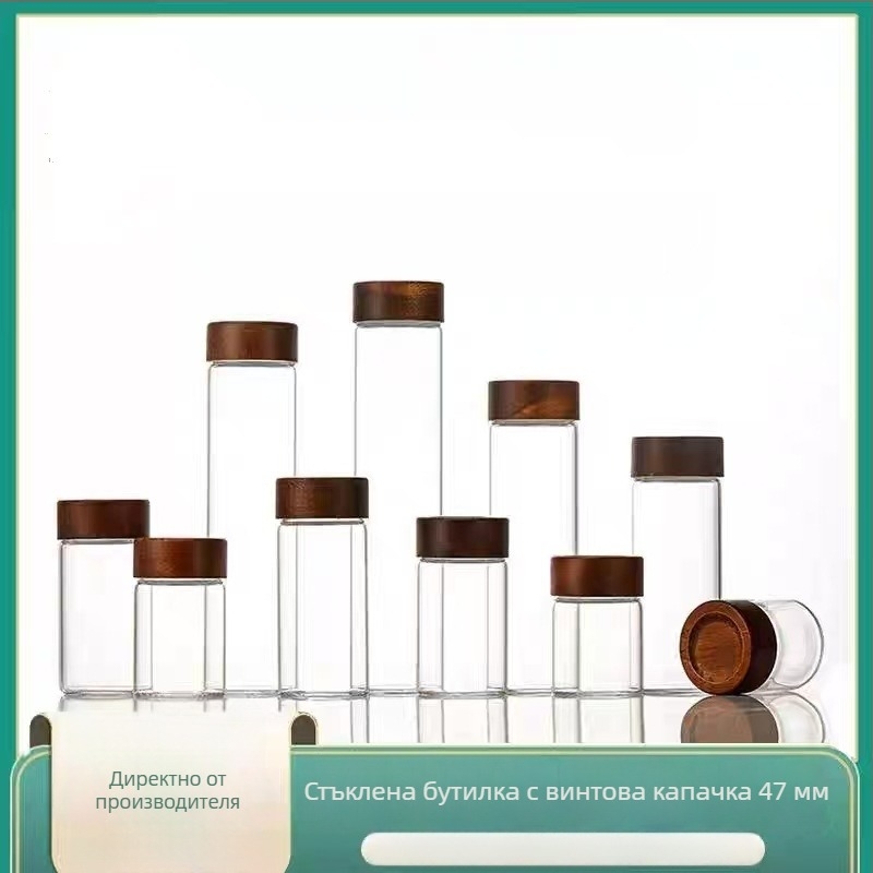 Стъклен буркан с капак от акациево дърво, херметично затварящ се, за чай, зърнени култури, кафени зърна и кафе на прах, обем до 300 мл