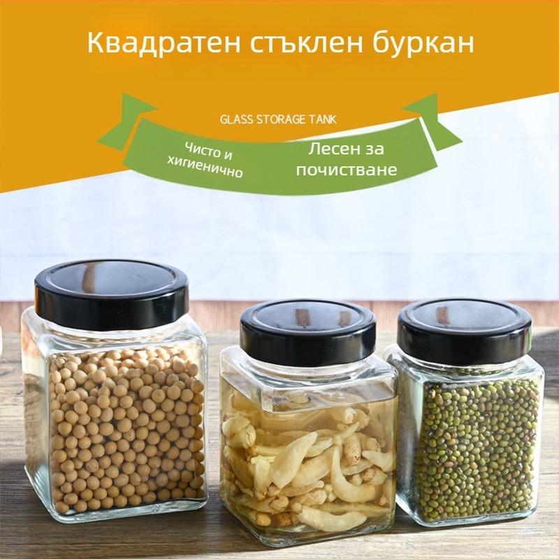 Персонализирана квадратна стъклена бутилка със запечатан капак, устойчива на високи температури за кисели краставички и мед, буркан за консервиране