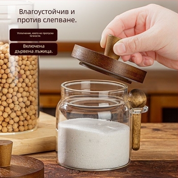 Прозрачен стъклен буркан за съхранение с дървена капачка и лъжичка, боросиликатно стъкло, за кафе на зърна, чай и зърнени култури