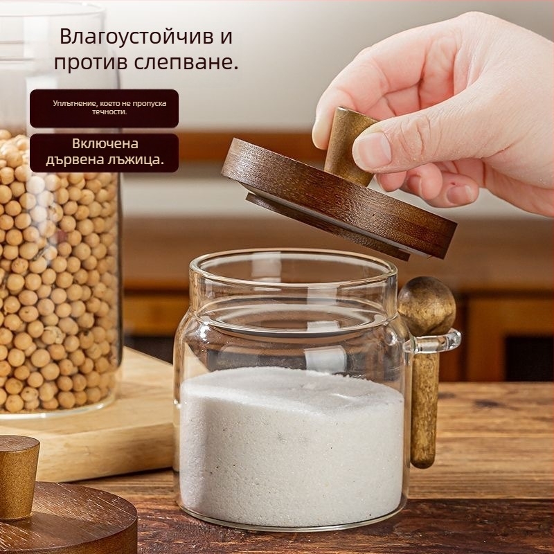 Прозрачен стъклен буркан за съхранение с дървена капачка и лъжичка, боросиликатно стъкло, за кафе на зърна, чай и зърнени култури