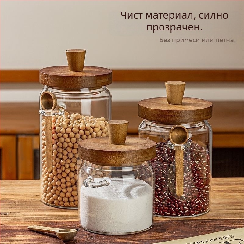 Прозрачен стъклен буркан за съхранение с дървена капачка и лъжичка, боросиликатно стъкло, за кафе на зърна, чай и зърнени култури