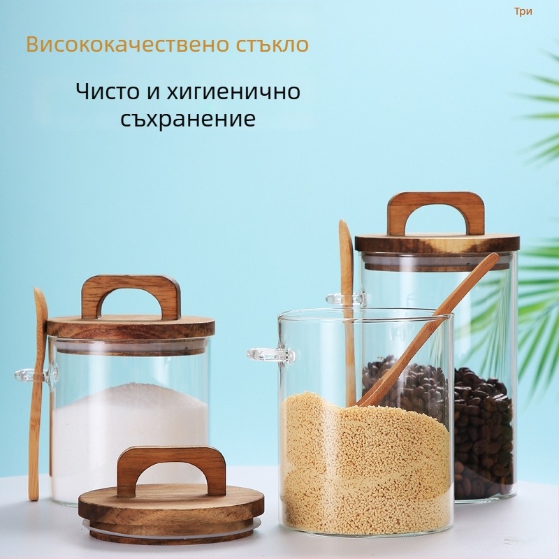 Стъклен буркан за съхранение със капак, устойчив на топлина, кръгъл, с дръжка от акациево дърво