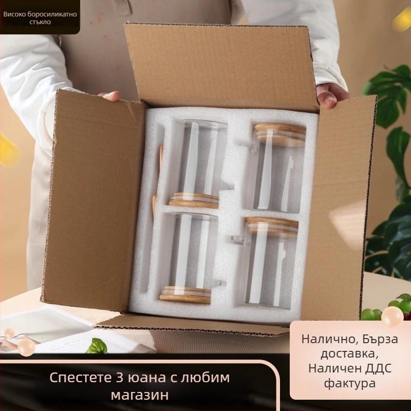 Стъклени буркани за подправки със лъжички – кухненски съдове за съхранение, запечатани буркани за сол и подправки