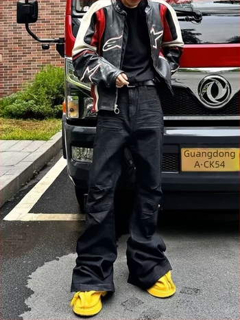 2025RO Ръчно восъчени черни дънки с гумирано покритие, Slim Bootcut за мъже, дълги до пода със слоест подгъв