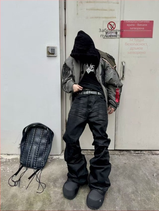 2025RO Ръчно восъчени черни дънки с гумирано покритие, Slim Bootcut за мъже, дълги до пода със слоест подгъв
