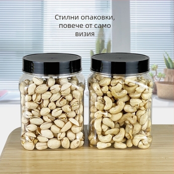 900 ml квадратна прозрачна бутилка PET с широк отвор и завинтваща се капачка за съхранение на мед, ядки и бонбони