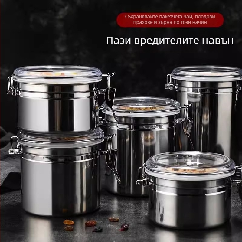 Герметичен буркан от неръждаема стомана, прозрачен кухненски съд за съхранение на прахове, подправки и зърна; голям обем, буркан за чай