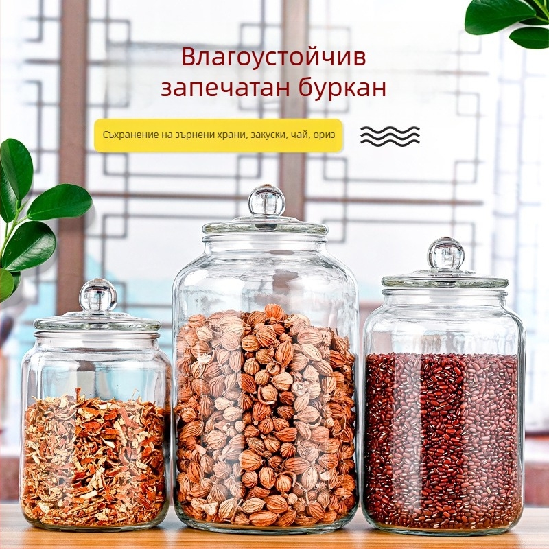 Стъклен буркан със запечатване за съхранение, капацитет 2L/3L/5L, кръгъл, удебелен, за зърнени култури, кисели зеленчуци и сосове