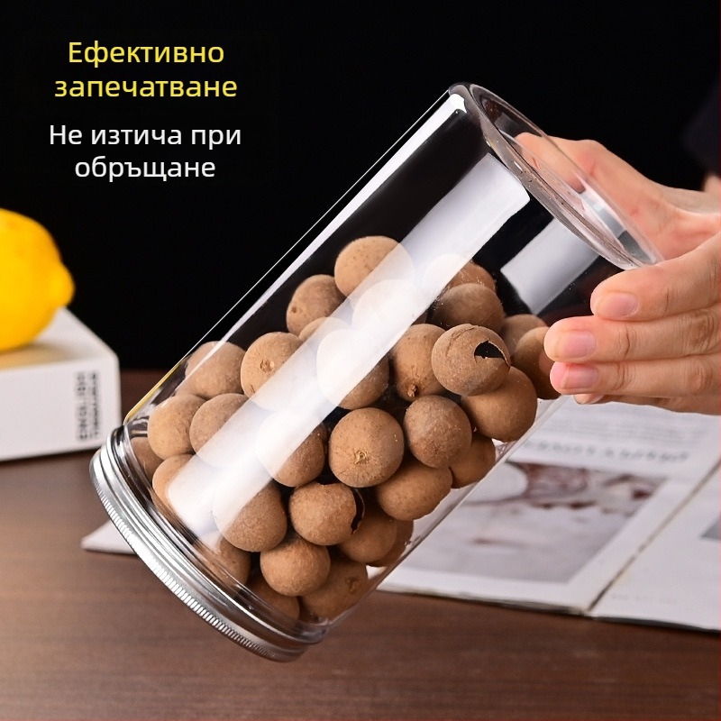 Прозрачен пластмасов буркан с удебелена алуминиева капачка, запечатващ, широко гърло за ядки, PET пластмасова опаковка за храна