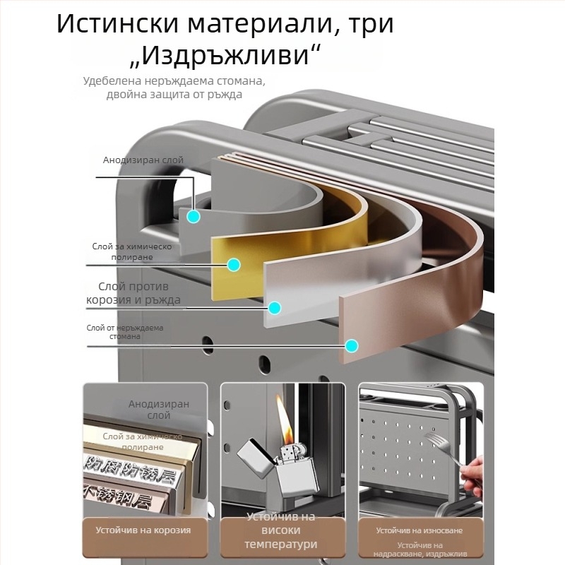 5-в-1 неръждаема стомана: кухненски организатор с държач за ножове, дъска за рязане и държач за пръчки