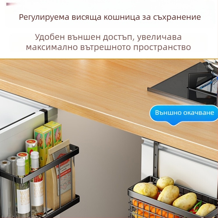 Нов стенен органайзер за кухнята: вътрешна страна на вратата на кухненски шкаф с кошница за подправки и зеленчуци