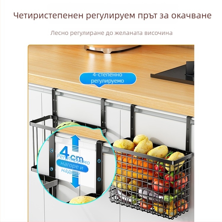 Нов стенен органайзер за кухнята: вътрешна страна на вратата на кухненски шкаф с кошница за подправки и зеленчуци