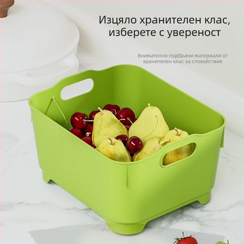 Кош за отцеждане с голяма вместимост, преносим за кухненска мивка, измиване на зеленчуци и плодове и сушене на съдове (зелено-бяло)