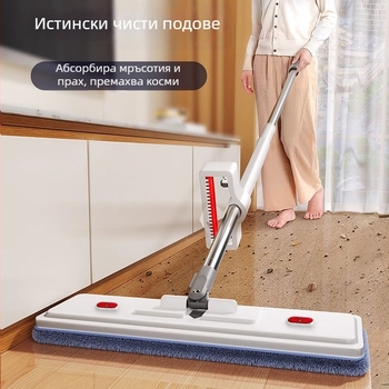 Домашен плосък моп с микрофибър, двойна употреба – сухо и мокро почистване, удебелена глава и дръжка от неръждаема стомана