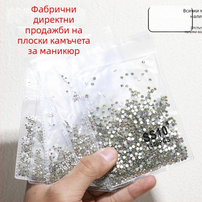 Кристали за маникюр с плоско дъно: австрийски кристали AB, преливащи цветове, стъклени диаманти, микс размери, прозрачно бели камъни