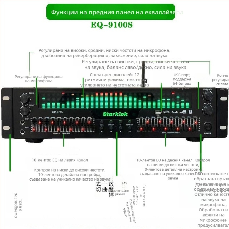 Професионален EQ еквалайзер с Bluetooth 5.4, оптичен и коаксиален цифров аудио декодер, USB флаш памет, аудиофилски предусилвател-плеър