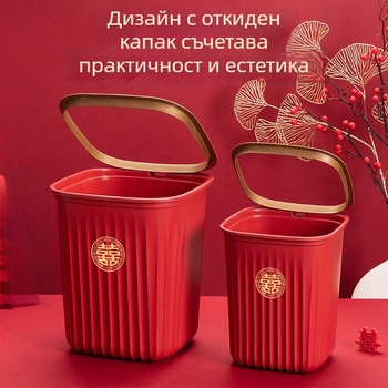 Червен комплект сватбени принадлежности: квадратна кофа за отпадъци, държач за пръстени и декорации за сватбено помещение