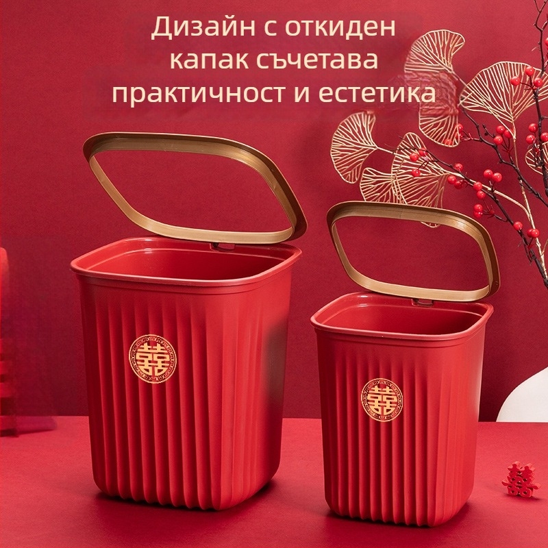 Червен комплект сватбени принадлежности: квадратна кофа за отпадъци, държач за пръстени и декорации за сватбено помещение