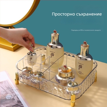 Светло луксозен акрилен организатор за грим на работния плот с прозрачно разделени отделения за козметика и грижа за кожата