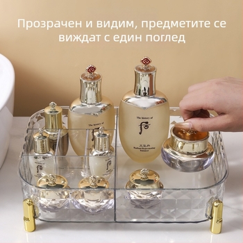 Светло луксозен акрилен организатор за грим на работния плот с прозрачно разделени отделения за козметика и грижа за кожата