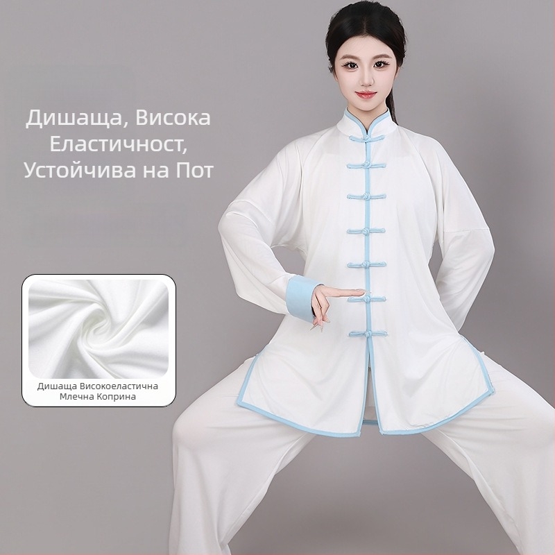 Унисекс костюм за тай чи за тренировка с цветни блокове, пролет-лято 2026, материя млечна коприна, осемсекционна бродерия