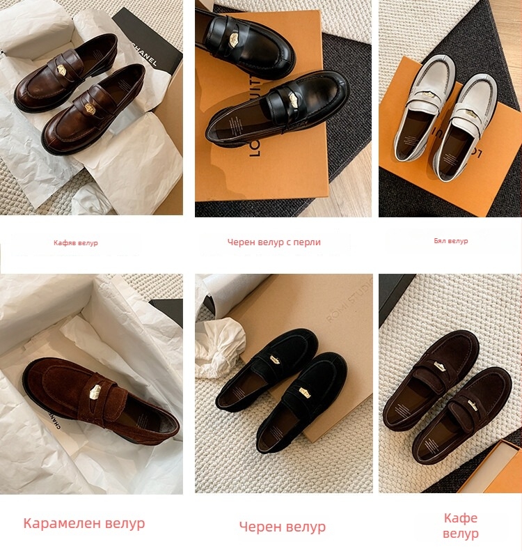 Дамски лофери от естествена кожа със златна монета катарама, без връзки, ретро британски стил, кръгъл нос, нисък широк ток