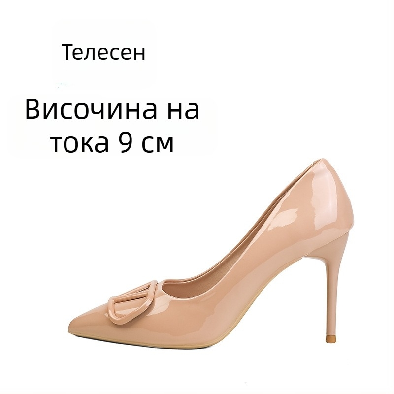 Нюд лаковани дамски високи токчета — 2025 нов модел, V катарама, заострен нос, стилета, плитък vamp