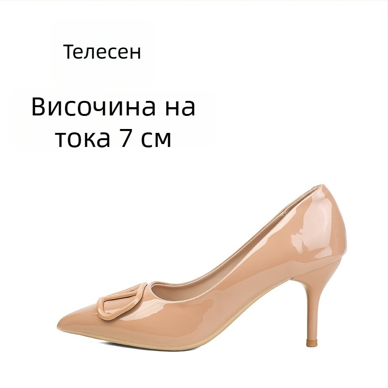 Нюд лаковани дамски високи токчета — 2025 нов модел, V катарама, заострен нос, стилета, плитък vamp