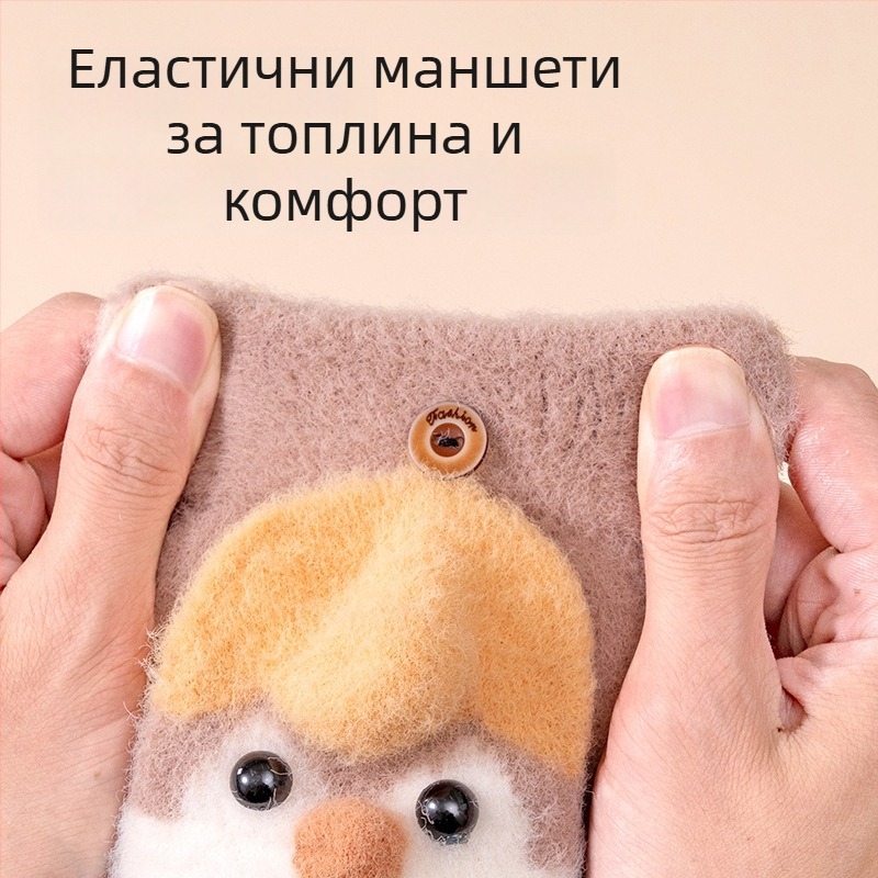 Детски ръкавици с полупалец с мотив пингвин за зима - удебелени, ветроустойчиви, с открити върхове за писане, дизайн с пет пръста