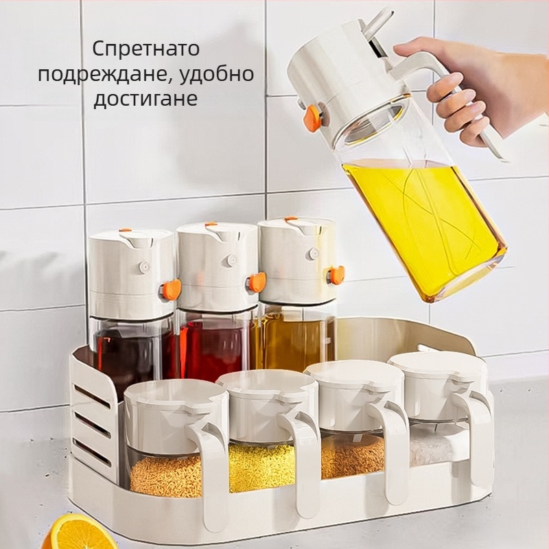 Двуетажна поставка за подправки за кухненски плот със затворени буркани за масло, сол, сосове и оцет