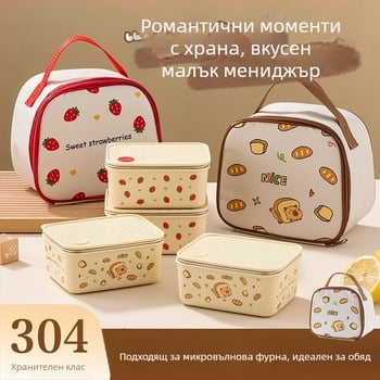 304 неръждаема стомана кутия за обяд с капак, изолирана и запечатана, квадратна, обем 800–1000 ml, микровълнова съвместима, за студенти, сладък карикатурен стил