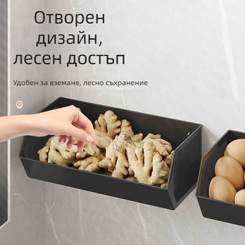 Стенно монтиран кухненски органайзер за пролетен лук, джинджър и чесън; ъглова кошничка за зеленчуци и плодове