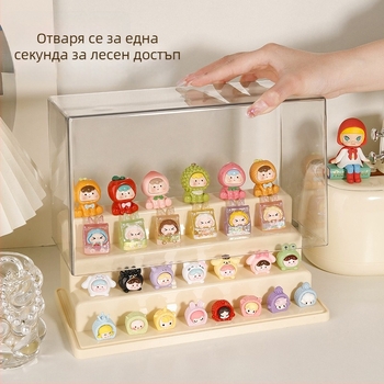 Прахозащитна акрилна витрина за кукли и миниатюрни фигури, настолен дизайн, прозрачна, модерен стил, капацитет 1 л, стелируемо подреждане.