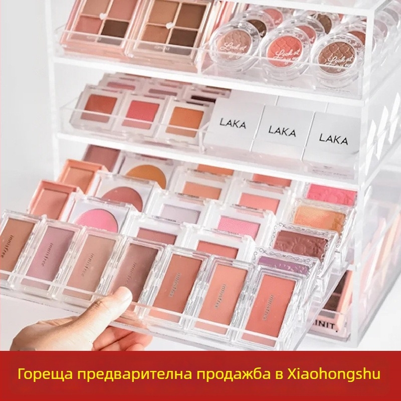 Акрилен козметичен органайзер с капак и отделения за червило, сенки за очи и руж; прахозащитен, настолен организатор с клетъчен принт, капацитет 12 л.
