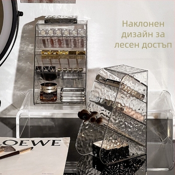 Акрилна кутия за съхранение на четки за грим, настолен наклонен държач със защита от прах, държач за червила и гланц за устни