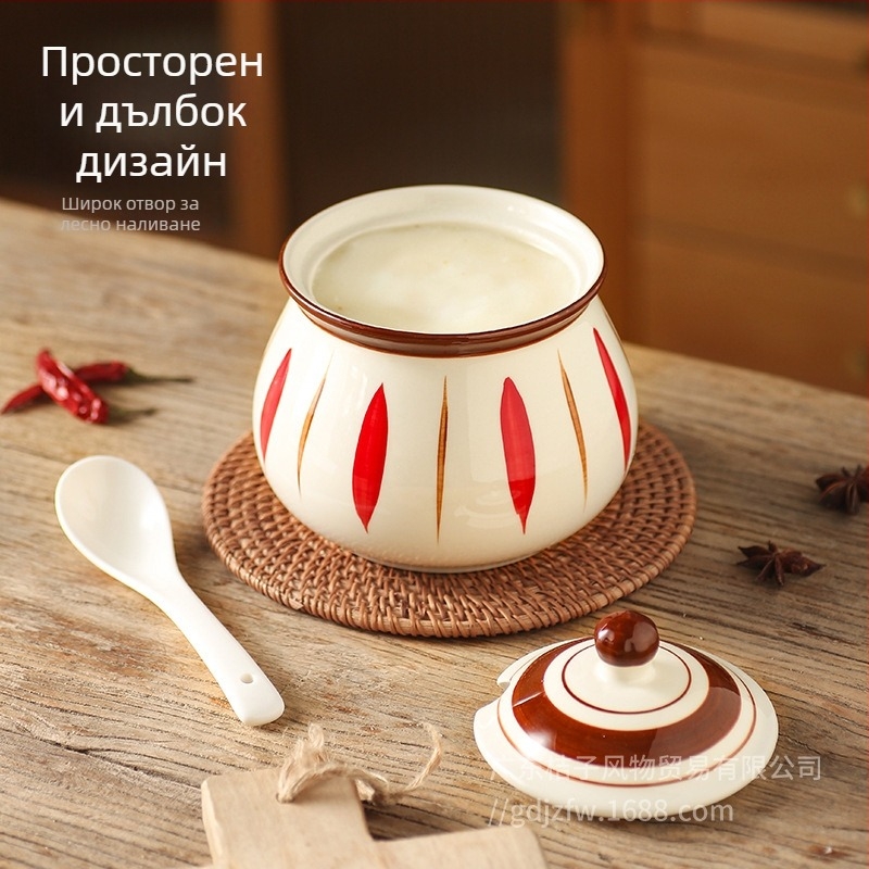 Керамичен съд за свинска мас с капак и лъжичка, японски стил, термоустойчив, съд за чилиено масло