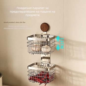 Стенно монтирана кошница за зеленчуци и плодове от орехово дърво – за лук, джинджифил и чесън, без пробиване