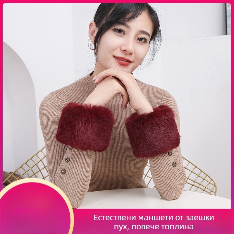 Истински заешки козинени маншети и ръкави за жени, топли пухкави защити за китки, ветроустойчив стил