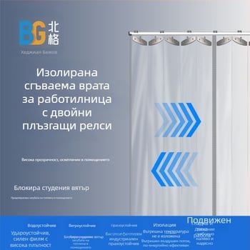 Прозрачна сгъваема завеса за врати за склад, защита от прах и преграда за работилница, двойно отваряща се плъзгаща завеса, PVC