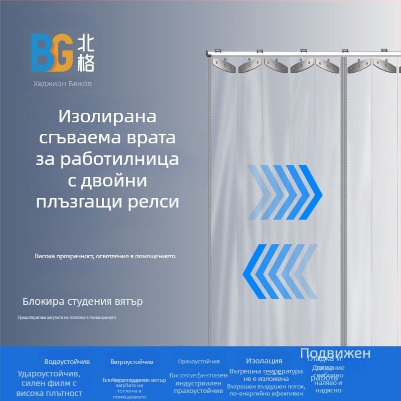 Прозрачна сгъваема завеса за врати за склад, защита от прах и преграда за работилница, двойно отваряща се плъзгаща завеса, PVC
