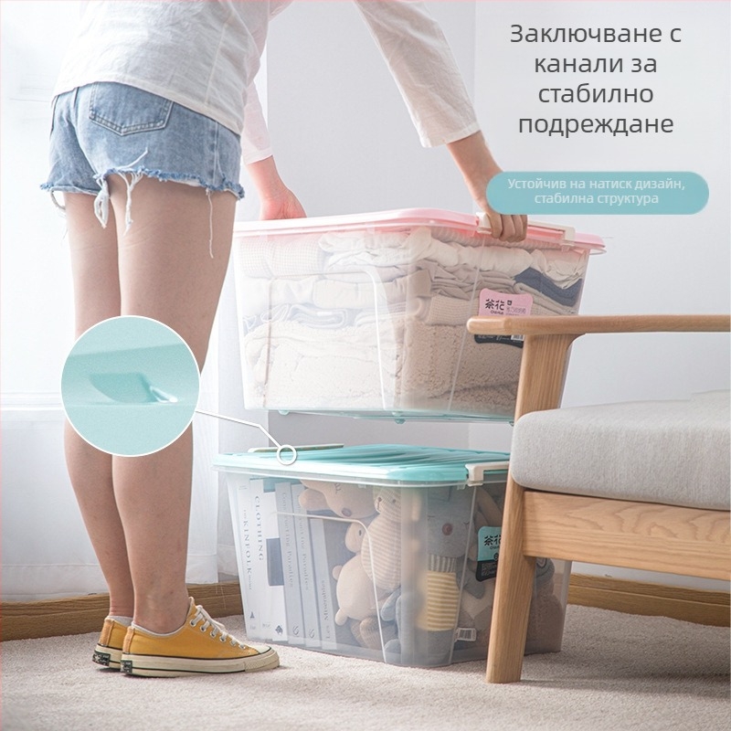 Голяма прозрачна пластмасова кутия за съхранение с капак, без колела, за дрехи, 50–60 л