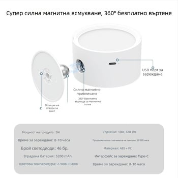 Зареждаща се магнитна стенна лампа, без пробиване, въртяща се нощна лампа за спалня, коридор и кабинет; акцентно осветление за картини и стени.